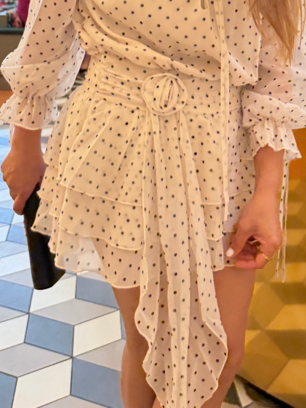 Girls' Cream Polka Dot Tiered Dress with Belt - Picture 13 of 16